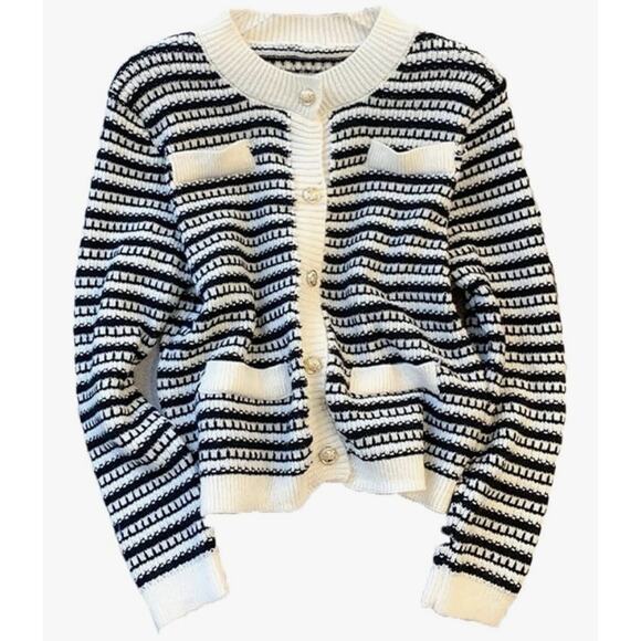 Women's Crew Neck Classic Striped Patchwork Single BreastedKnitted Cardigan Sz L - Picture 1 of 7